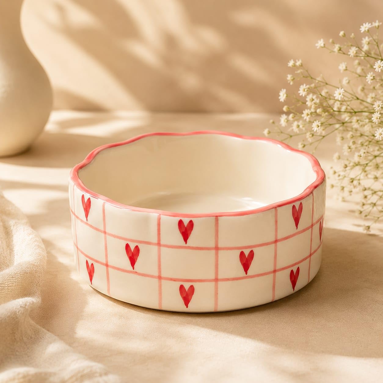 OCEAN STORE Ceramic Bowl with Red Heart Grid Pattern 250ml | Wavy Rim Cute Serving Bowl for Breakfast, Cereal, Salad, Fruits | Microwave & Oven Safe (Set of 1)-image-37