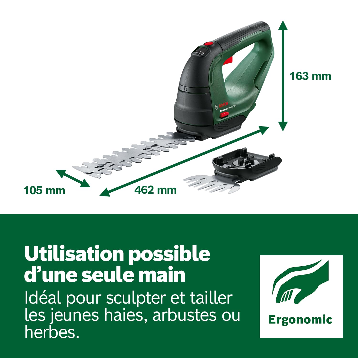Bosch Cisaille à Gazon sans Fil - AdvancedShear 18V-10 (1 Batterie 2.0 Ah, 18 Volt System, Coupe Jusqu’à 85 m² par Charge, avec Lame de Taille-Herbes et Lame de sculpte-Haies)