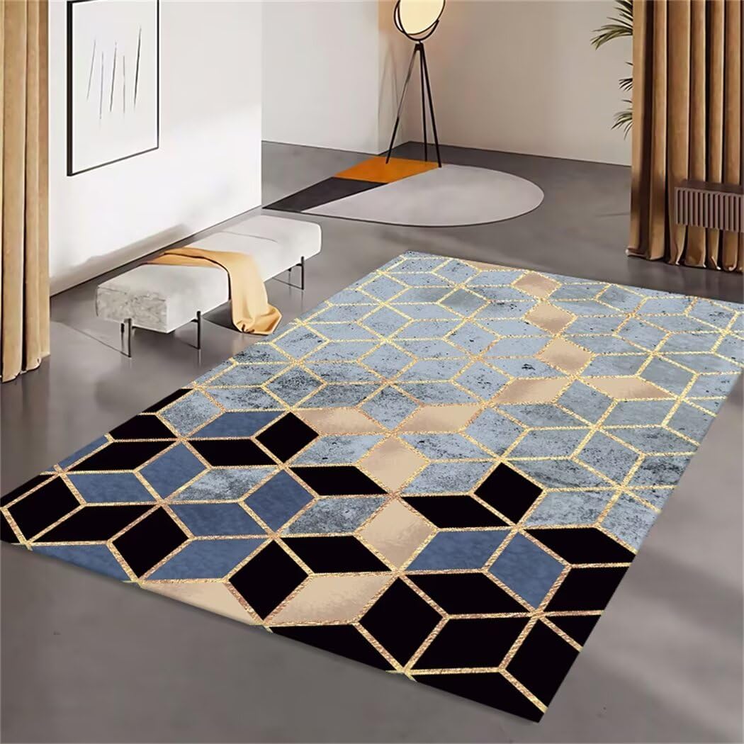 Tapis de salon bleu et noir 120X160 cm lavable et antidérapant