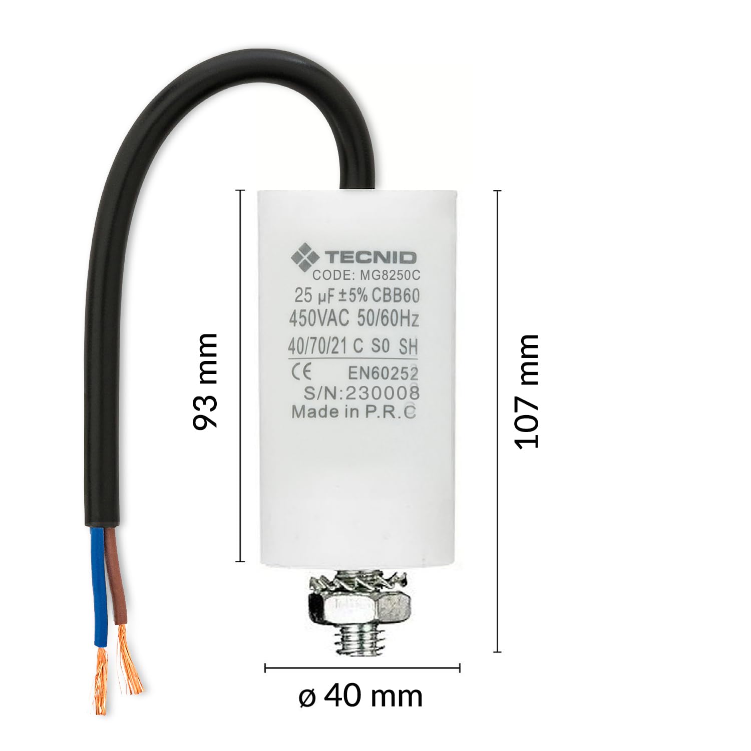 Tecnid by Velamp – Condensatore di Spunto 25µF 450V AC con Cavetto 15cm – Condensatore di Avviamento Per Motori Monofase, Compressori, Pompe, Climatizzatori