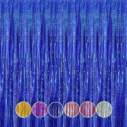 QRabbit 4 Pack Backdrop Curtains, Blue Foil Fringe Curtain Tinsel Backdrop, Party Streamers for Birthday Graduation Engagement Wedding Baby Shower Christmas Party Decorations