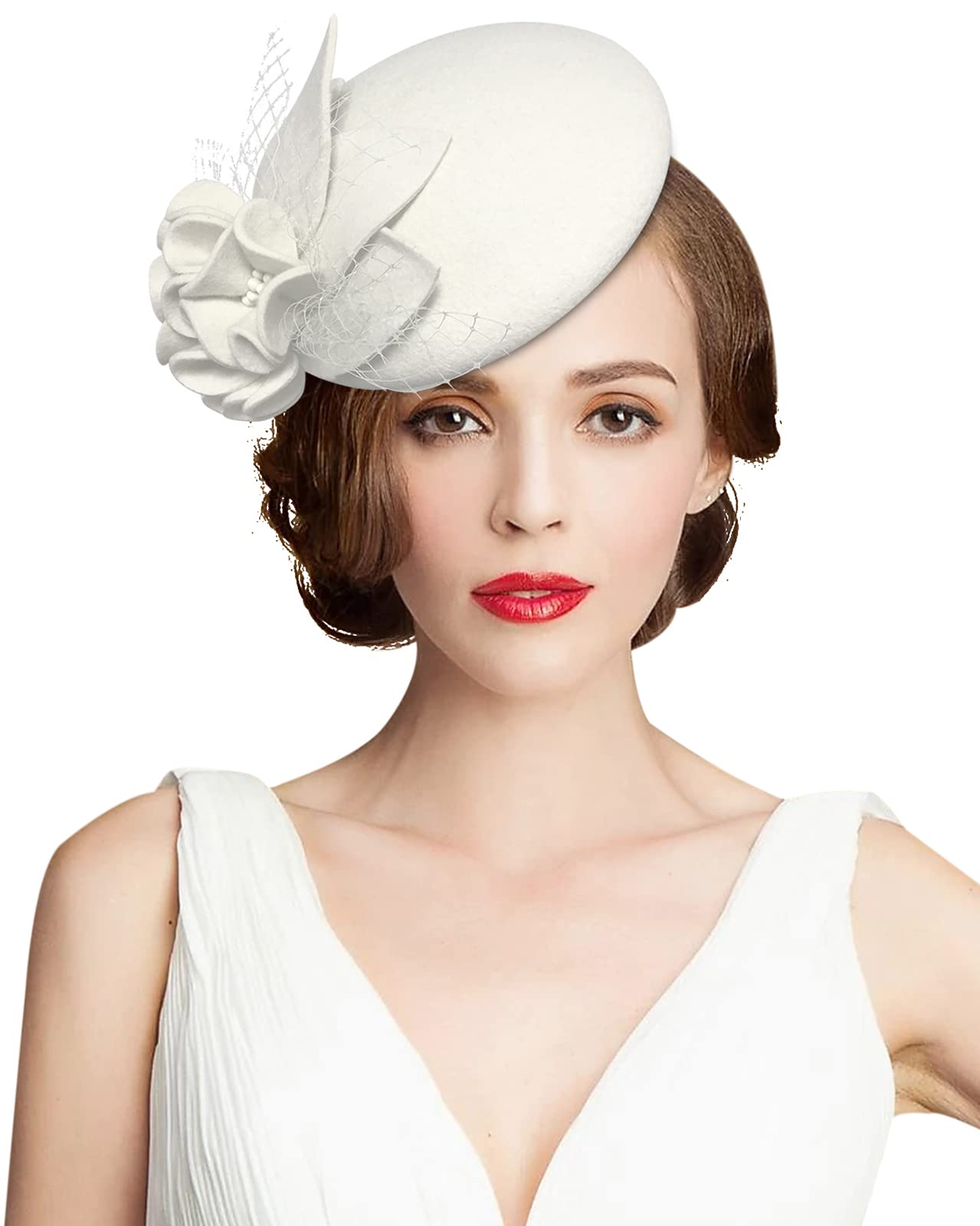 Z&X Vintage 1920s Wool Felt Flower Fascinator Pillbox Hat British Wedding Church Derby Hats for Women Winter Fedoras