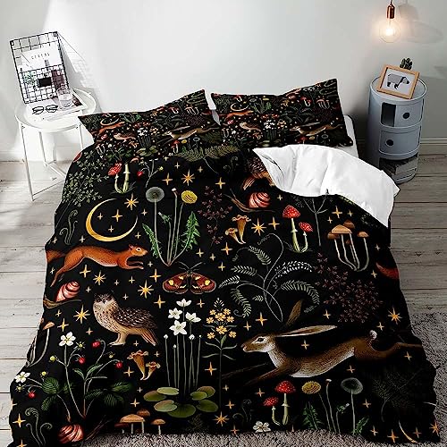 LUVIVIHOME 3PCS Mushroom Bedding, Black Duvet Cover King, Boho Aesthetic Cottagecore Bedding, Rabbit