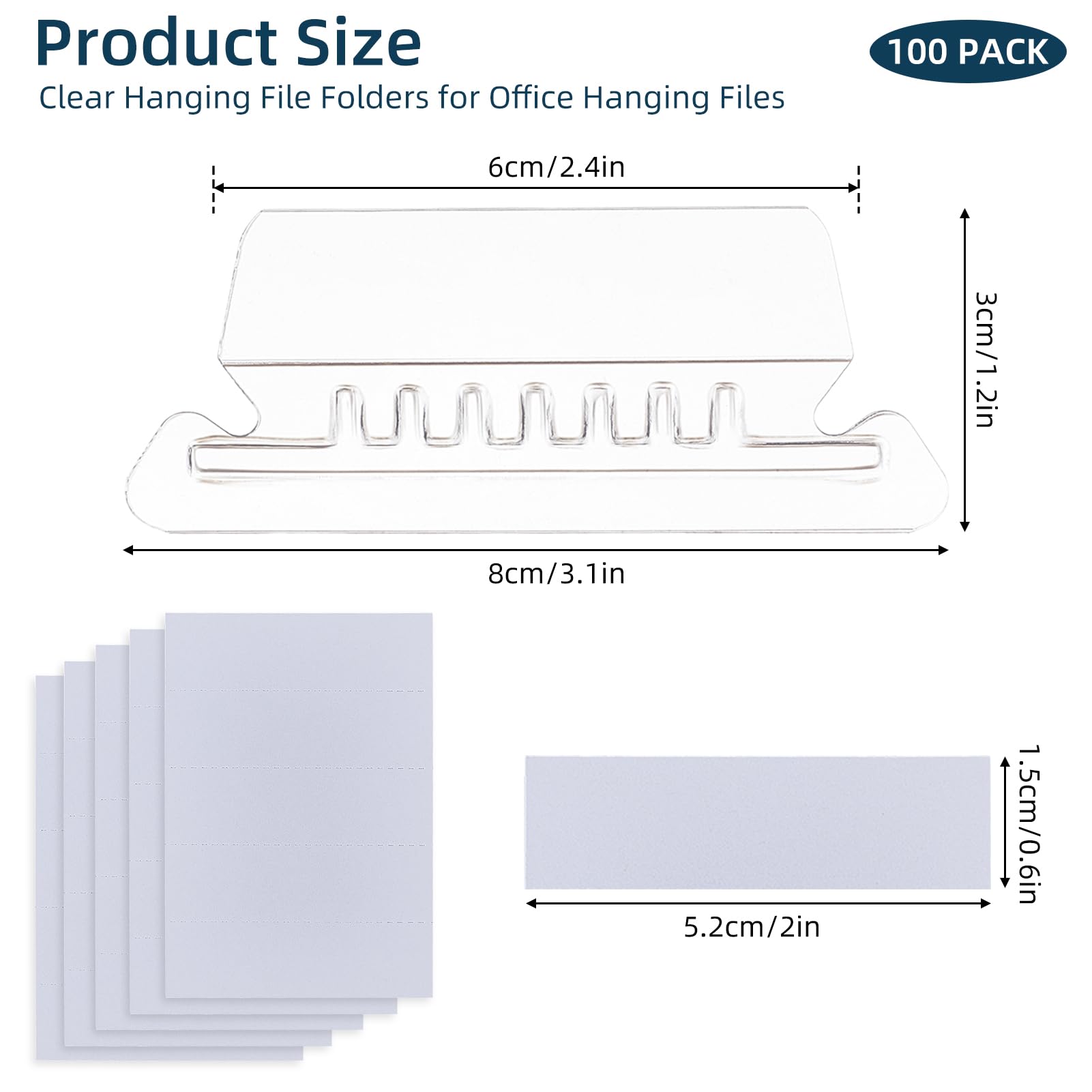 NICENEEDED 100 PCS Hanging File Folder Tabs 2 Inch, Plastic Hanging Folder Tabs Clear Hanging File Folder Tabs with Inserts - Image 2