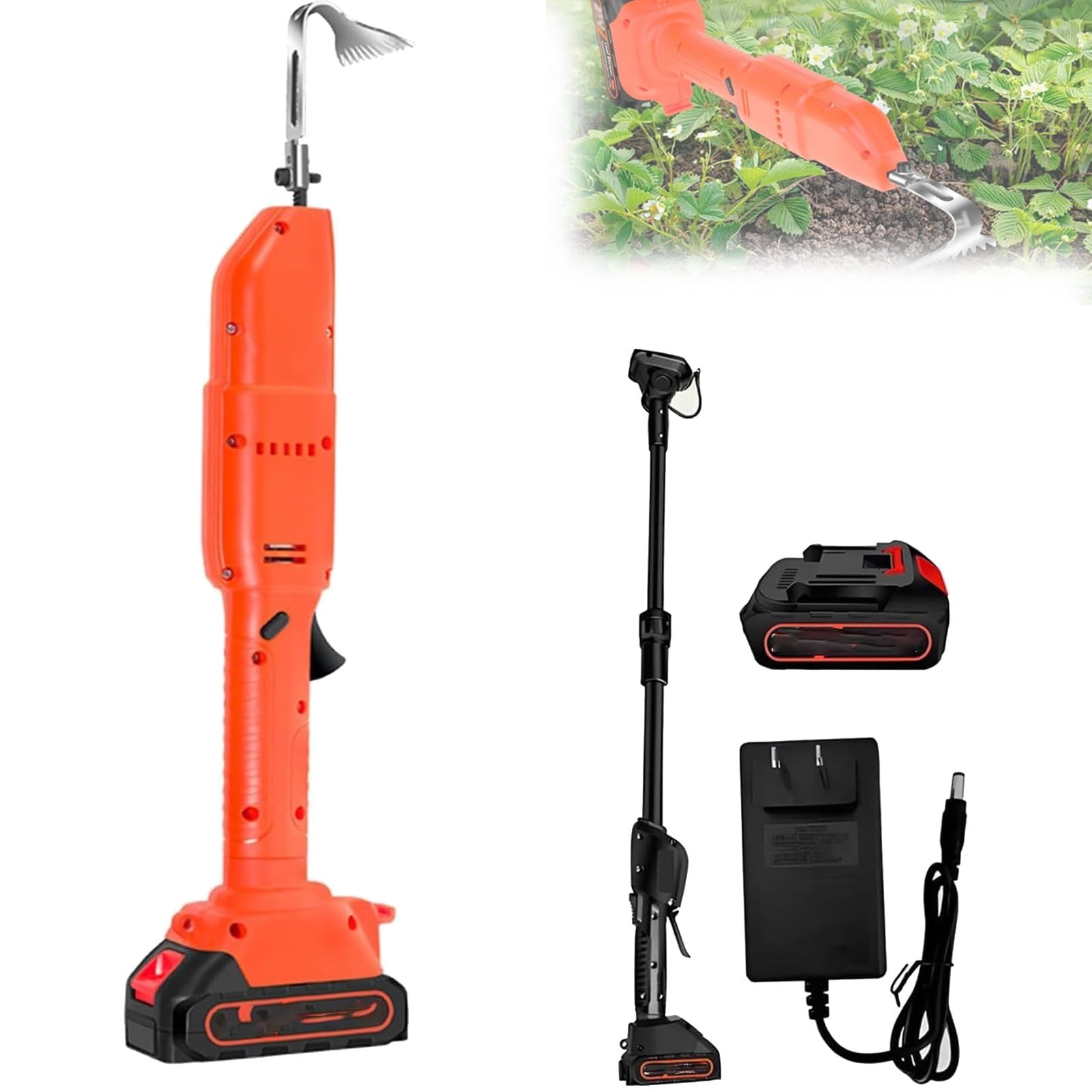 Pnpaea 11 Teeth Digging Hoe,Cordless Cultivator Hoe, Electric Garden Weeder With 1.5ah,Electric Digging Hoe Hand,Gardening Tools & Rake, For Loosening Soil And Weeding 1Battery-withPole