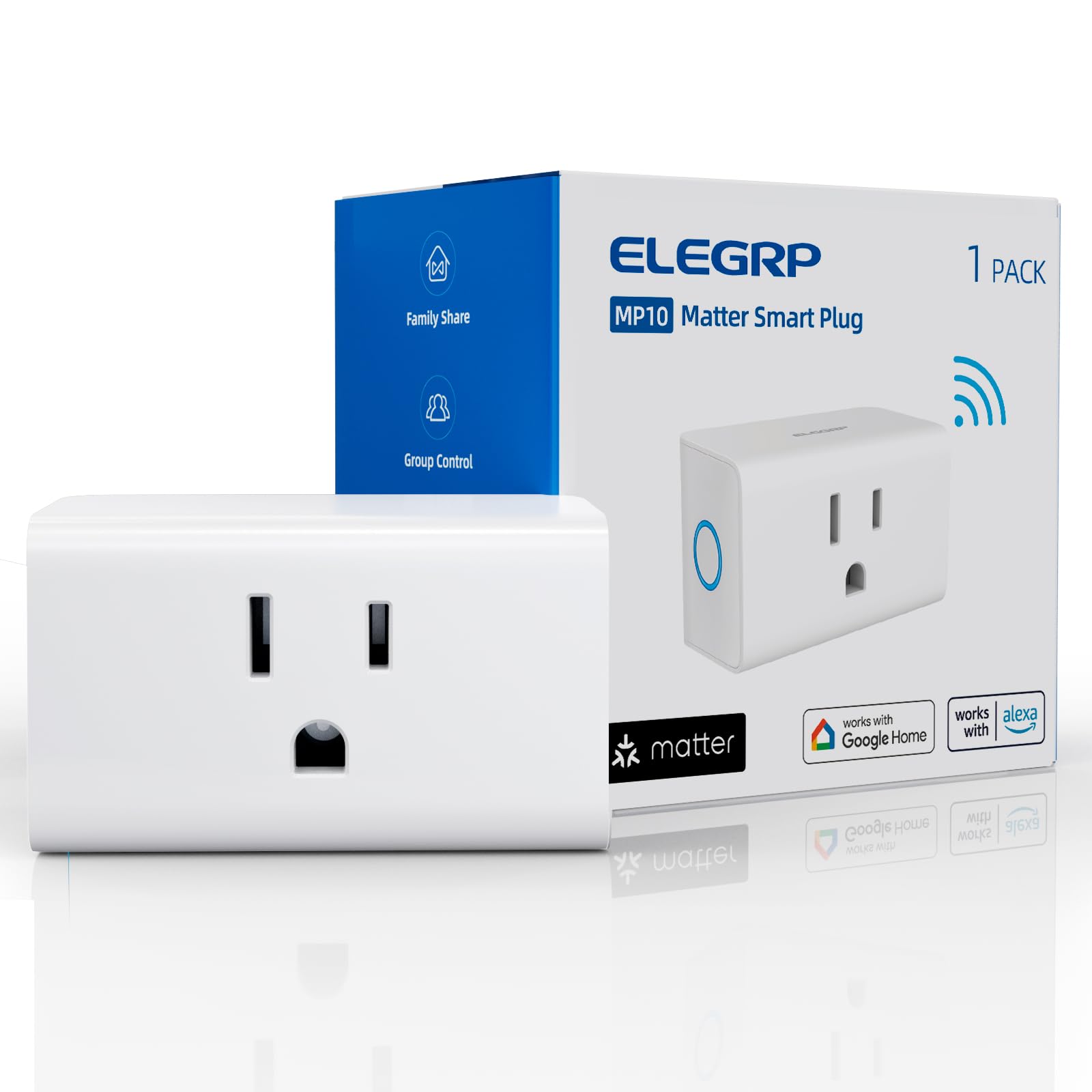 ELEGRP Matter Supported Mini Smart Plug, Smart Outlet 15A/1800W Max, Compatible with Apple Home, Siri, Alexa, Google Home, SmartThings, Compact Design, UL Certified, 2.4G Wi-Fi Only, White, 1 Pack