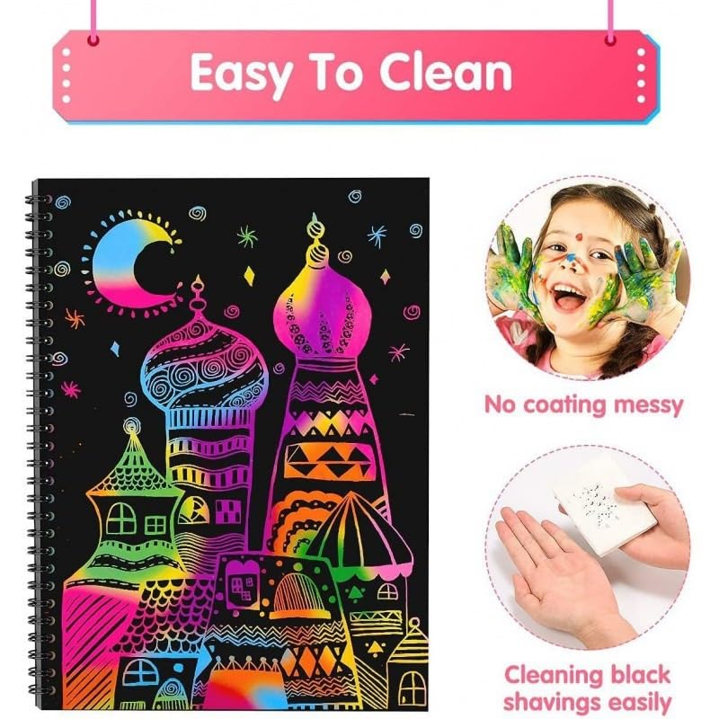 Image of SEREBRUM A4 Size Scratch Art Books for Kids,Rainbow Magic Scratch Paper Black Scratch it Off Art Crafts Notes Boards Sheet with Wooden Stylus - Pack of 1
