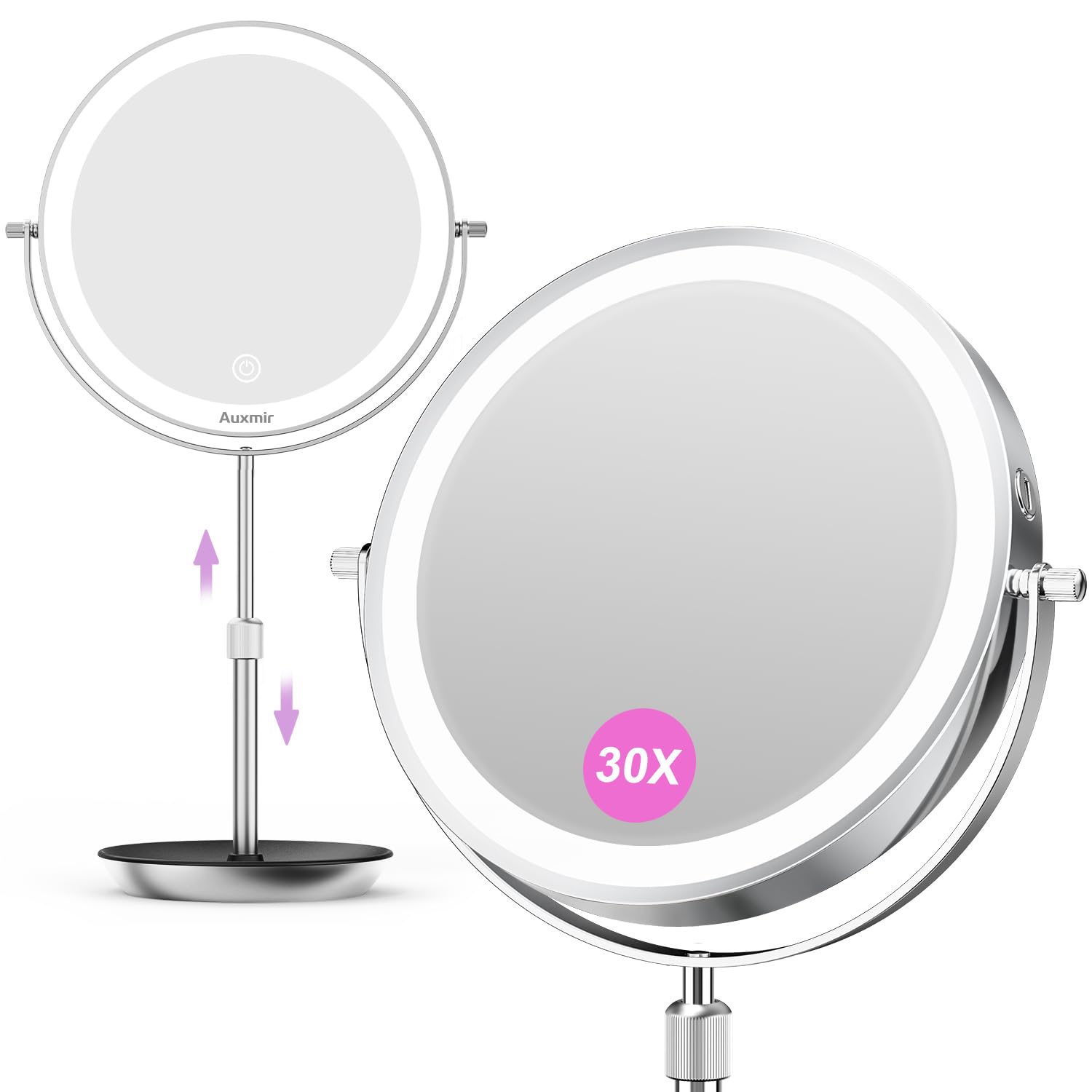 Auxmir 9" Miroir Grossissant Lumineux, 1X/30X Double Face, Miroir de Maquillage Réglable en Hauteur de 38 à 47 cm, 3000mAh Chargement USB, Miroir de Table 3 Couleurs Lumière Réglables, Rotation à 360°