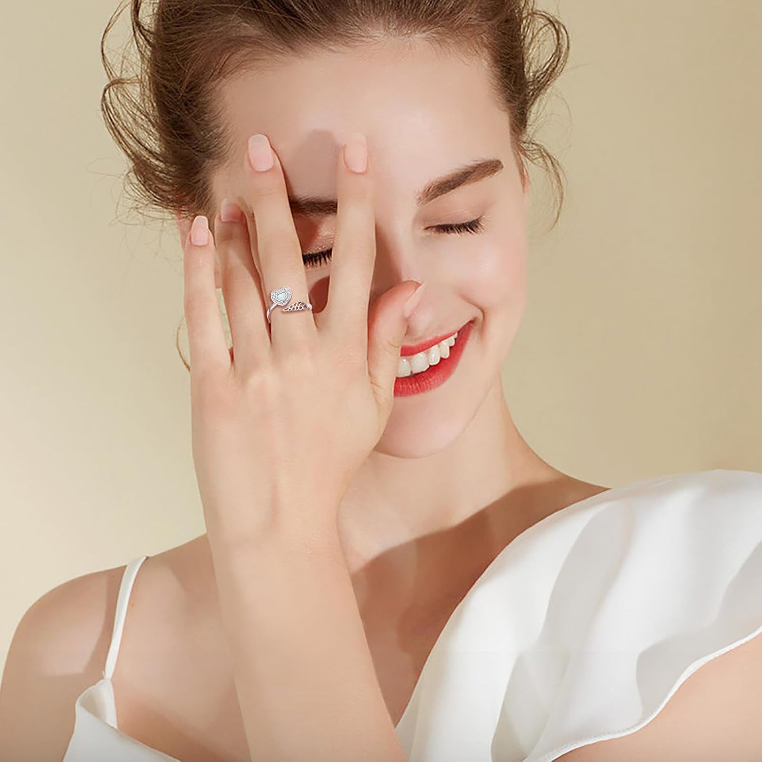 925 Sterling Silver Angel Wing Ring for Women Girls Mother Daughter Jewelry Hug Heart Ring with Message Wrap Open Ring Lap Opal Rings Adjustable Size - Image 2