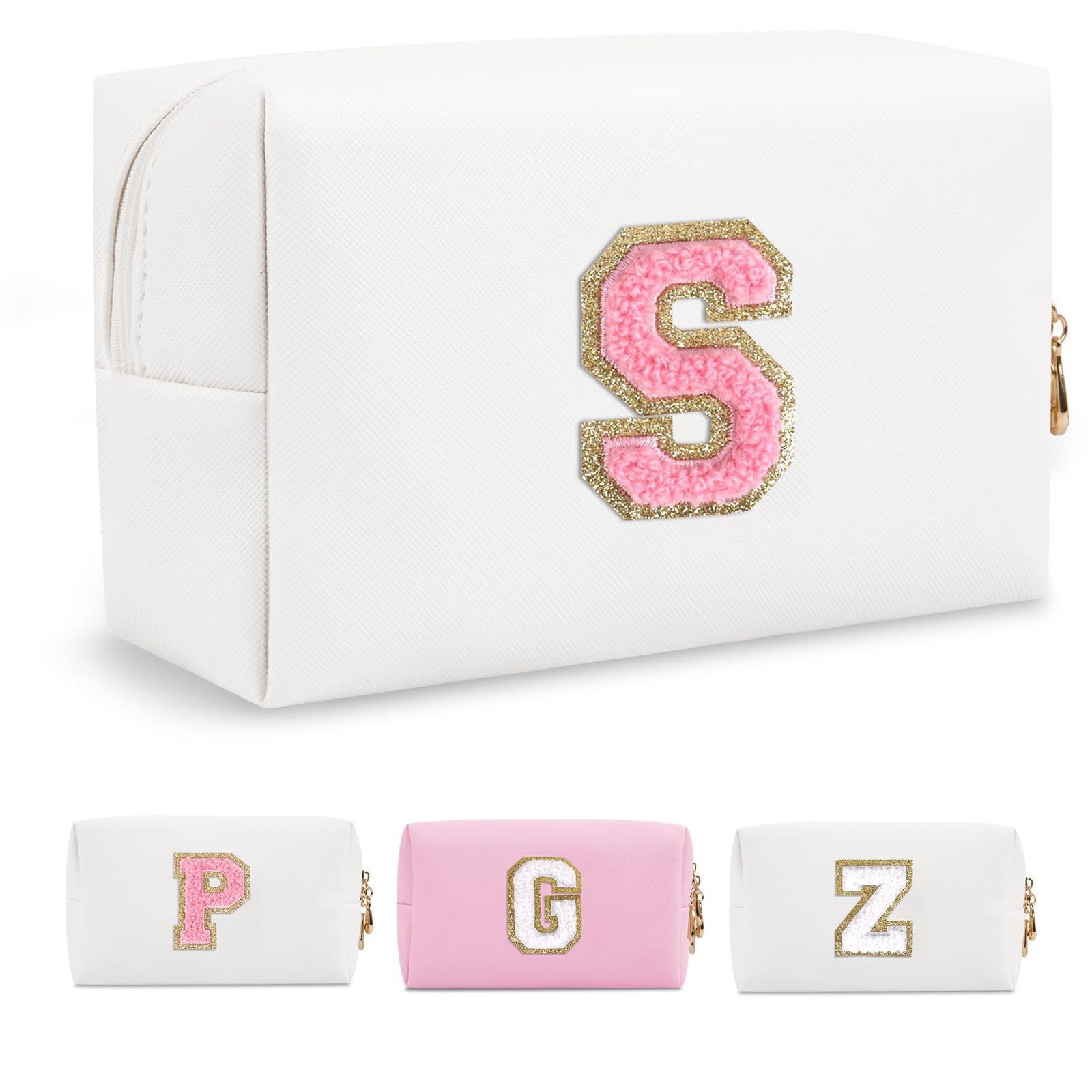Personalized Makeup Bag Initial A-Z Preppy Patch Bag,Small PU Leather Travel Cosmetic Bag Pouch with Zipper,White Cute Toiletry Bag,Gift Ideal for Teen Girls Women Birthday Friend Mom,Letter S