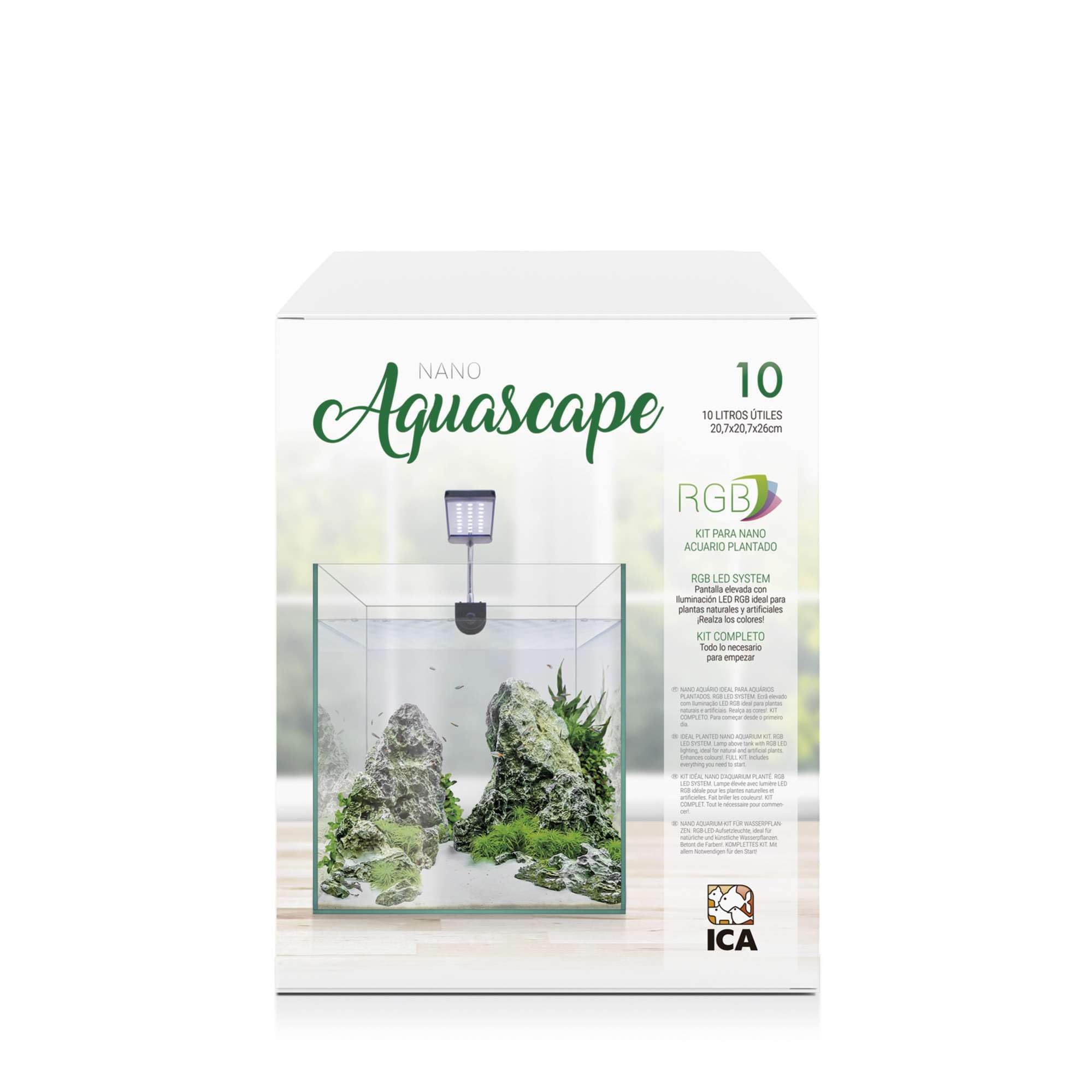 ICA KNAQ10 Kit Acuario Nano AQUASCAPE RGB 10 litros, 20,7x20,7x26 cm, Filtro Cascada, Pantalla LED RGB, Alimento Peces, Acondicionadores, Sustrato Aqua Gro, Guía Práctica del Aquascaping
