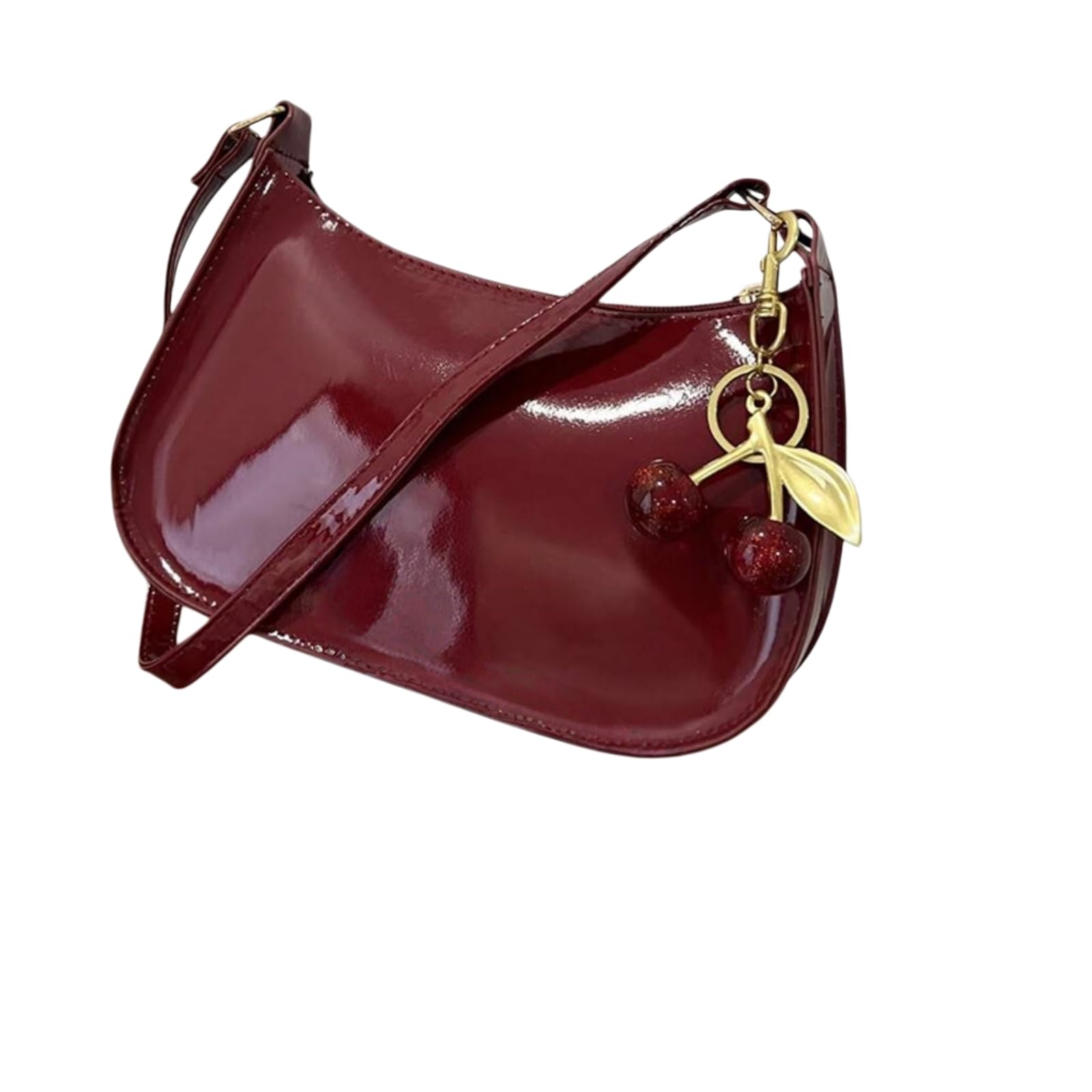 Damen Handtasche Glänzend Burgund Pu Unterarmtasche Kirsche Anhänger Verstellbarer Armband Frauen Tägliche Schultertasche-red