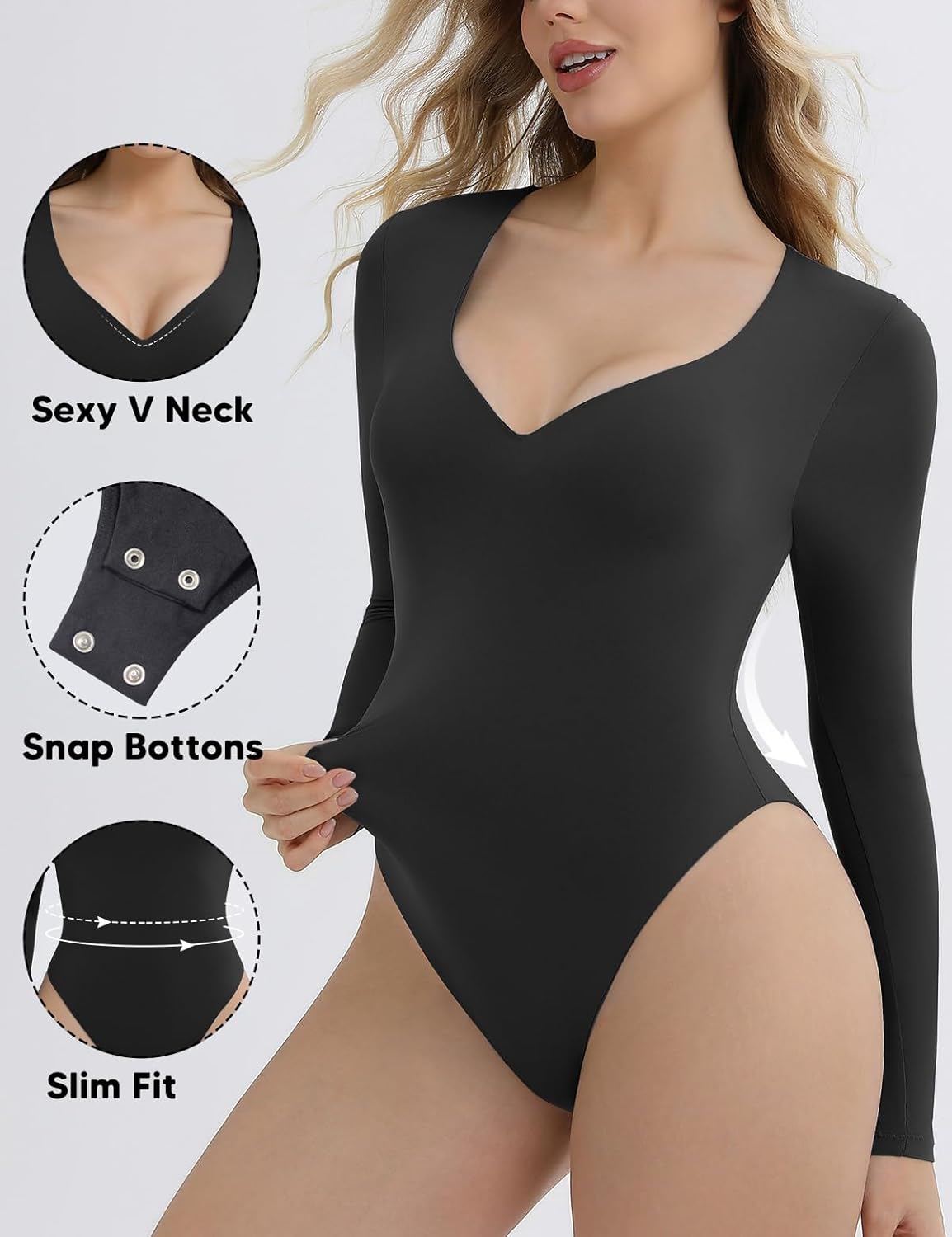 Women's Long Sleeve Bodysuit Sexy V Neck Body Suits Shirt Tops Double Lined Going Out Outfits Bodysuits - Image 3