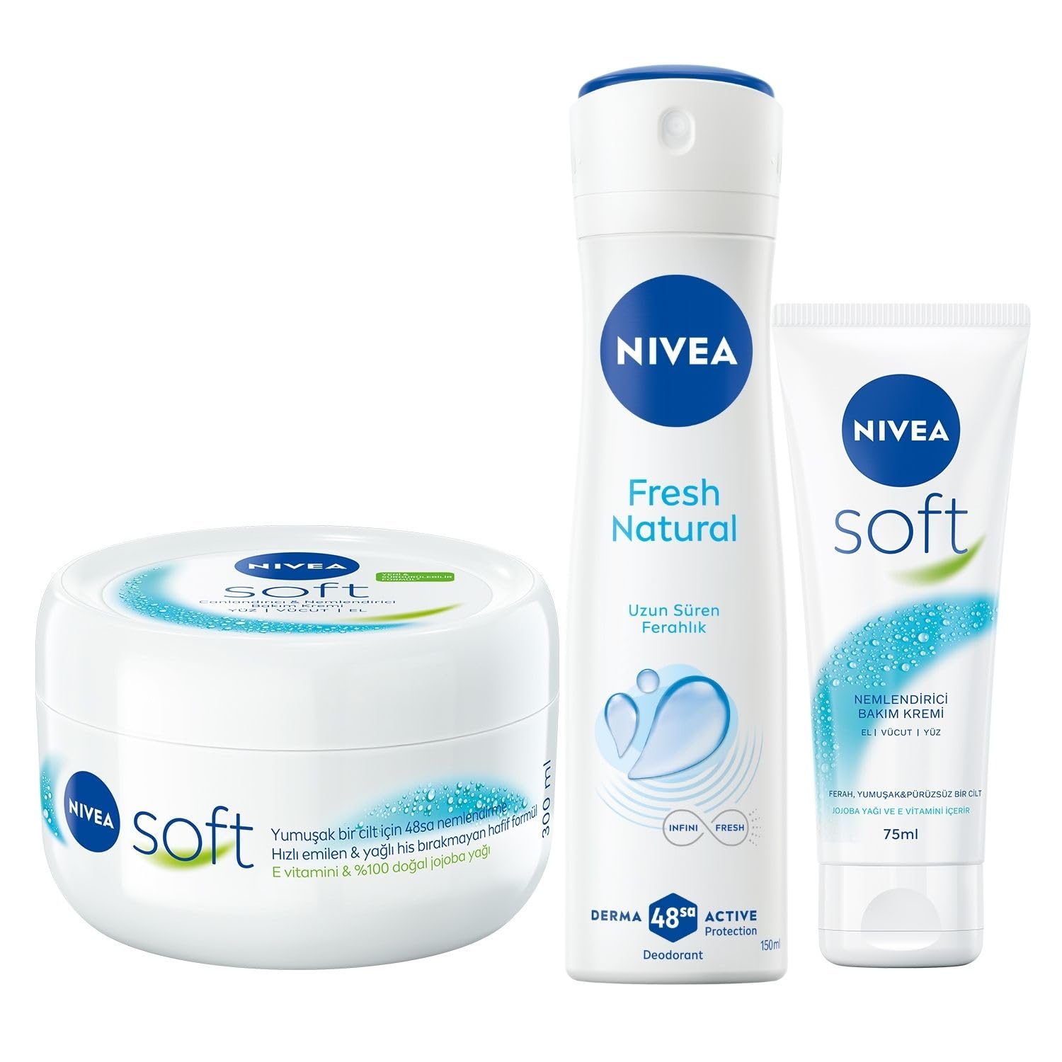NIVEA Kadın Sprey Deodorant Fresh Natural 150 ml+ Soft Nemlendirici Bakım Kremi 300 ml + Soft Krem 75 ml