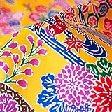 Kijibox 選べる9色 綿ブロードプリント紅型山花模様 綿100% 切り売り=1m 生地巾110cm 3.山吹 1350-70