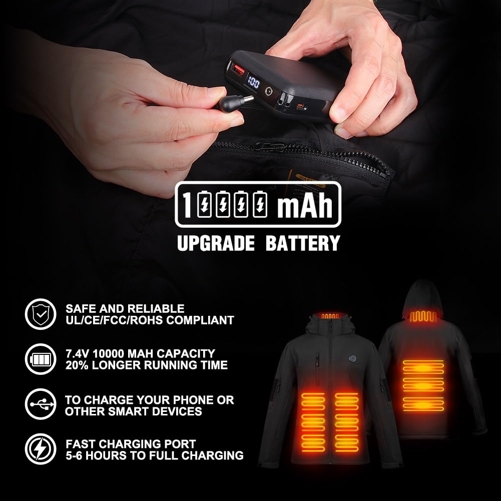 Femme Veste Chauffante avec Batterie Incluse 10000mAH, Veste de Ski Imperméable Coupe-Vent 3 Niveaux de Chauffage Noir L