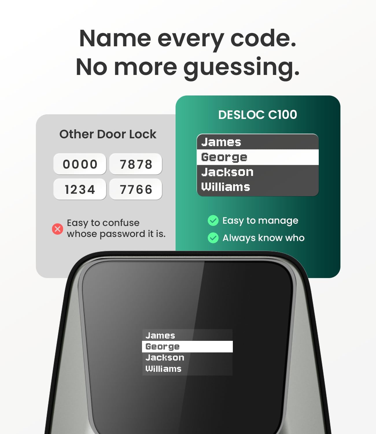 DESLOC C100 Keyless Entry Door Lock with Visual Display, 100 Customizable User Codes and 4 One-Pass code, door locks for front door with 2 Keys,12 Months Battery, IP54, BHMA Grade 3, Auto Lock, Nickel Nickel Kepad