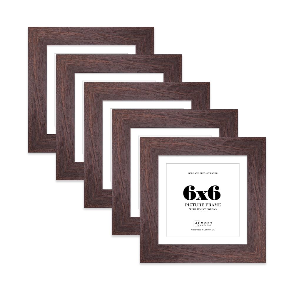 6x6" Walnut Square Frame With Mount for 5x5" Pictures 28mm Edge Frame Display with Wall Hooks and Kickstand, 5 Pack