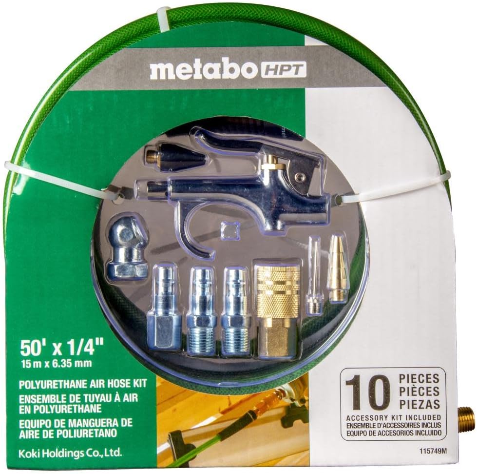 Metabo HPT Air Compressor Accessory Kit | Poly 50 Ft x 1/4-Inch Air Hose w/Accessories | 10 Piece Kit | 115749M