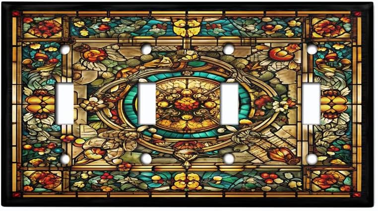 Metal Light Switch Plate Cover; Standard Size 4 Gang Toggle - Victorian Stained Glass Medallion GSS170