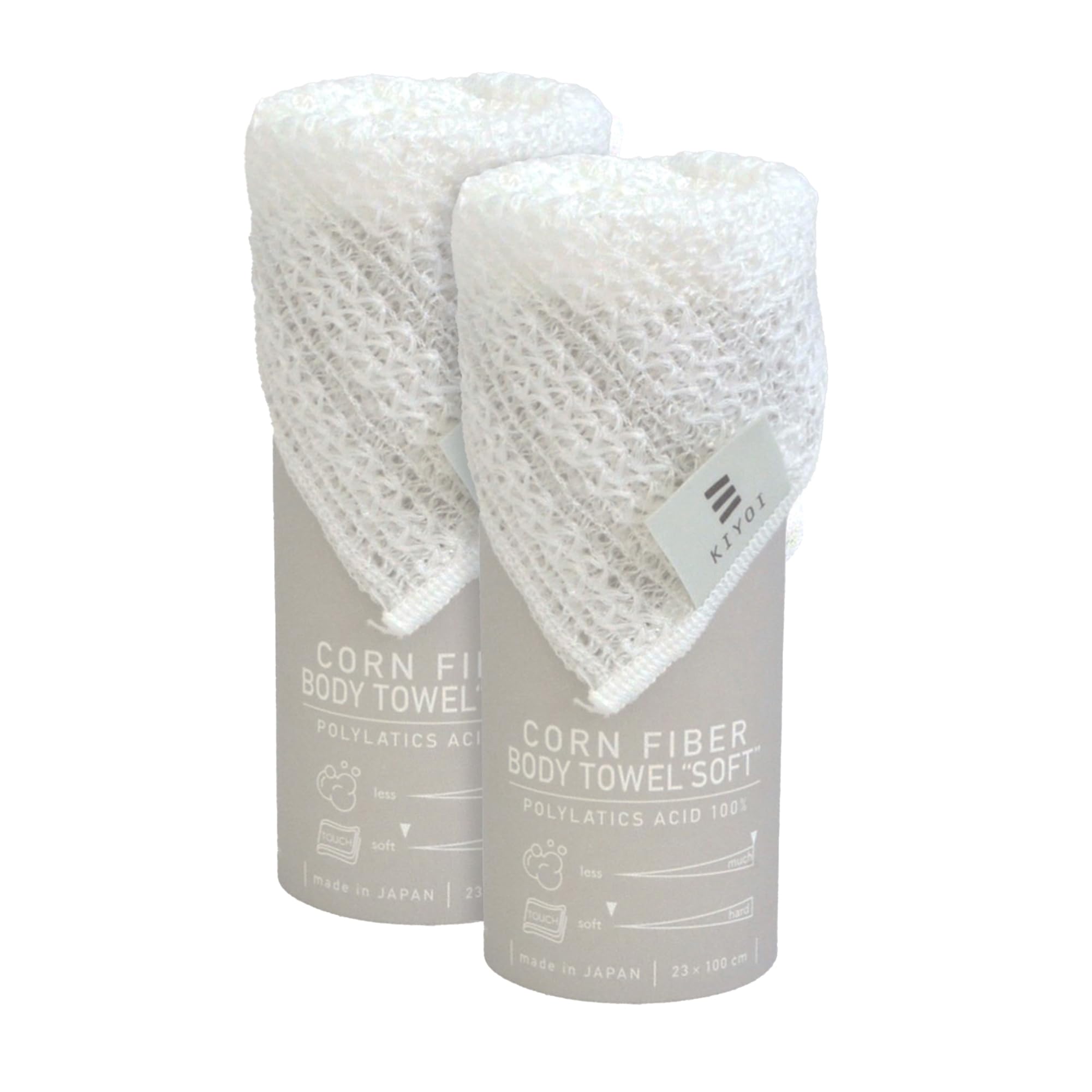 IPPINKA Set of 2 Japanese Body Wash Towel - 100% Natural Corn Fiber - Soft - 9.1 x 39.4 in - White - Made in Japan