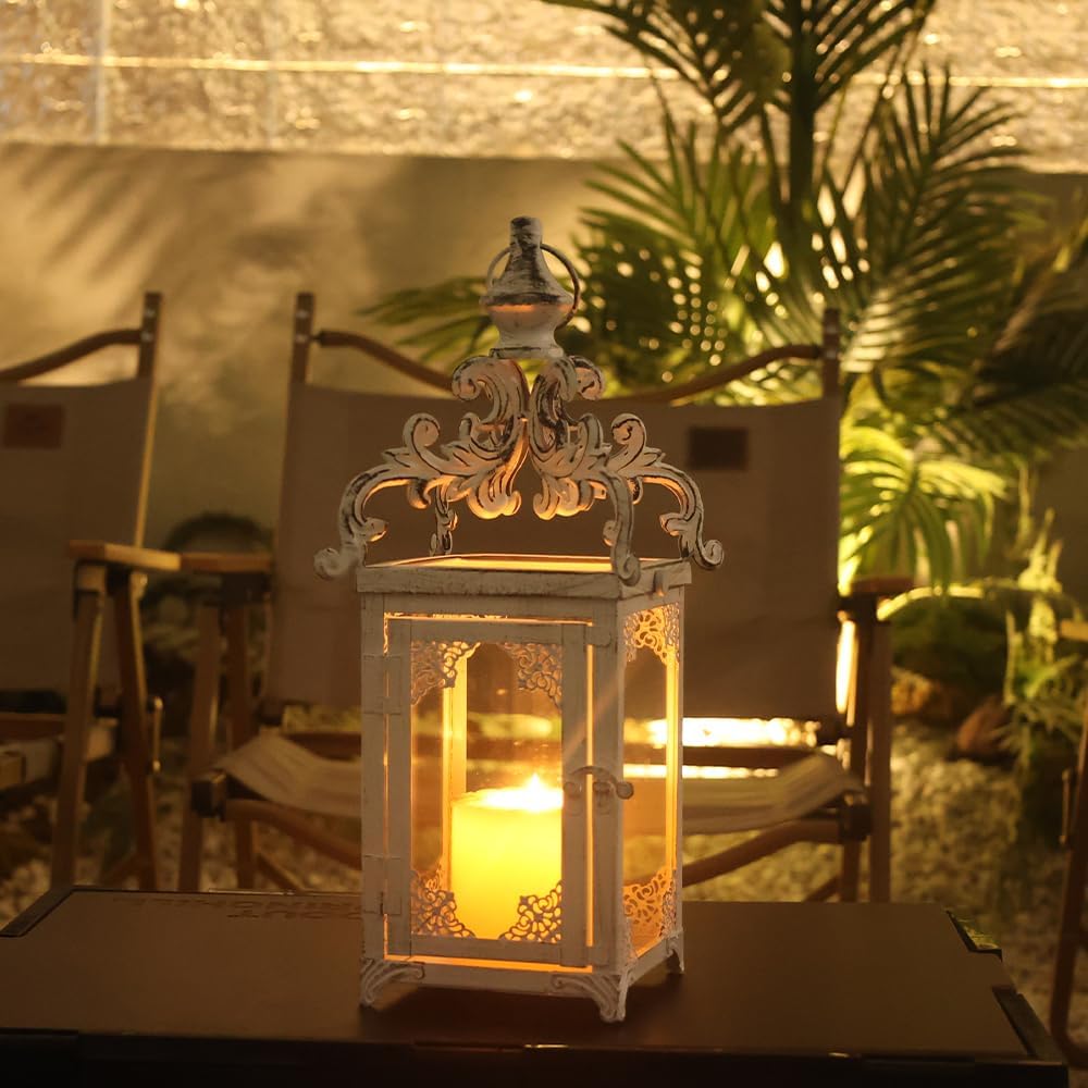 needomo lanterns decorative indoor, 16" white hanging lantern decor outdoor, vintage metal large candle lantern for patio, front porch, table, home decor, candle holder with clear glass beige 1