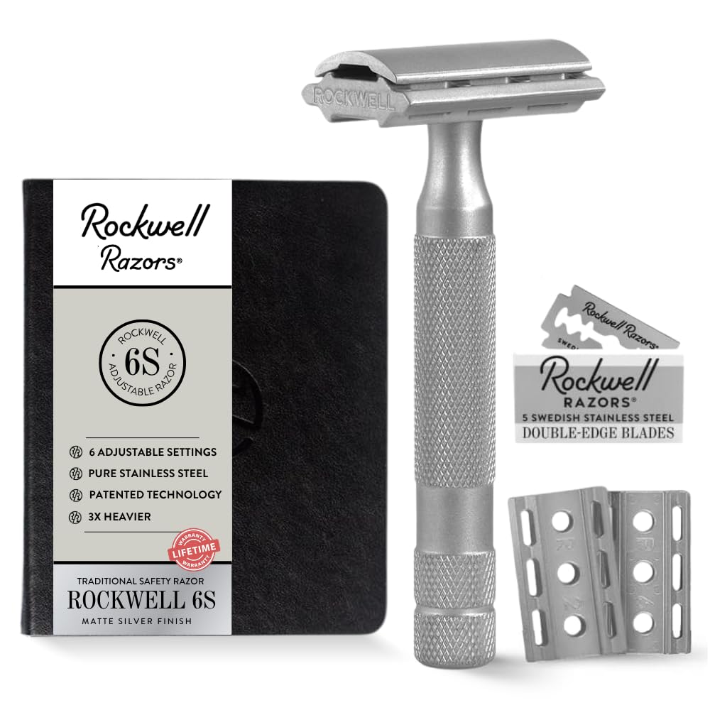 ROCKWELL RAZORS 6S Stainless Steel Double-Edge Safety Razor with 6 Adjustable Shave Settings and 5 Blades, 8 Piece Set, Silver