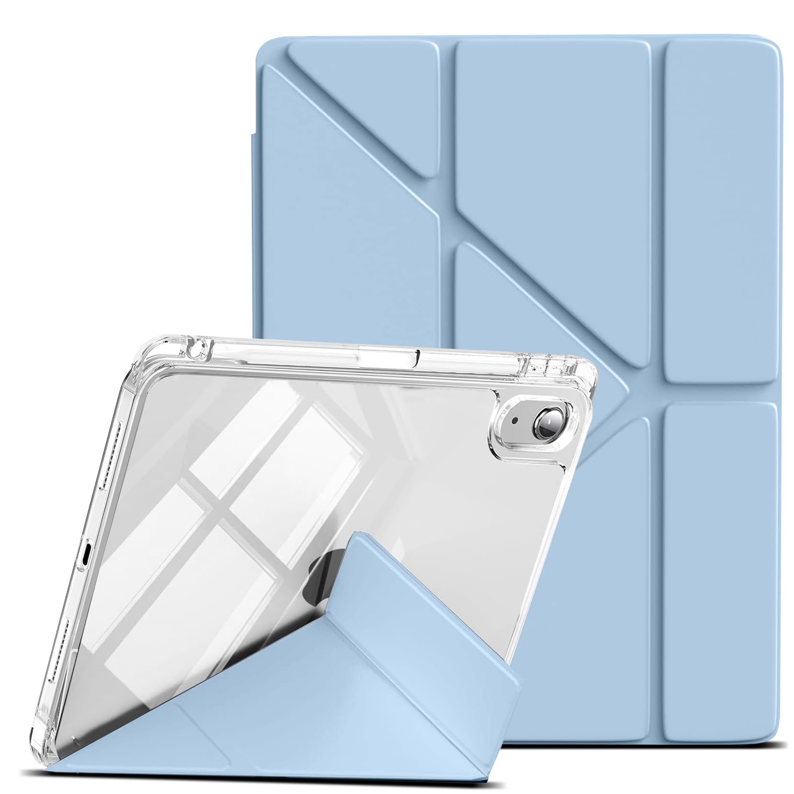 LuFiYa iPad mini 7 保護ケース 第7/6世代 (2024/2021モデル) 用 透明バックカバー TPU+PC裏全透明 PU合成レザー ipadケース 多機能三角形スタンド 横置＆縦置 角度調整可能 磁気吸着 Pencil収納対応 極薄 軽量 オートスリープ/ウェイク対応 タブレットカバー iPad mini 7/6 8.3インチ対応 (ブルー)