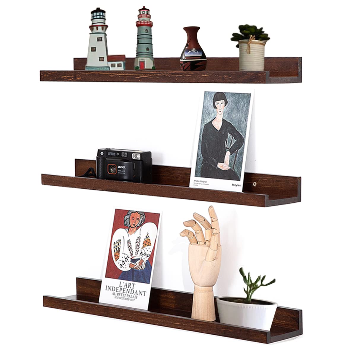 16 Inch Wood Floating Shelves Wall Mounted Light Walnut Picture Ledge Shelf Nursery Book Shelves for Home Decor for Bedrooms, Office, Living Room, Kitchen, 3 Same Sizes