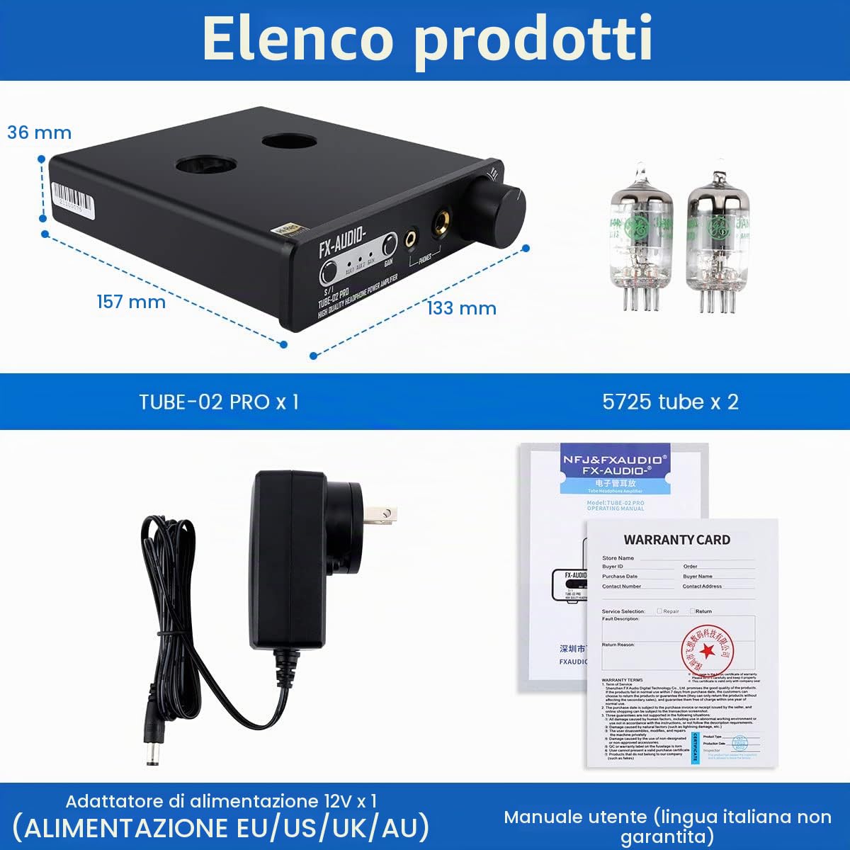 FX Audio tube 02 Pro Vacuum Class-A Mini Amplificatore per Cuffie 5725 Pre-Amp DC12V Nero