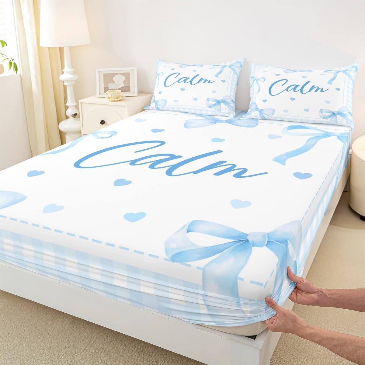 Erosebridal Cute Blue Bow Knot Fitted Sheet,Calm Cartoon Bow Bed Sheets for Kids Boys Girls,Kawaii Love Heart Bowtie Bedding Set Full Size,Butterfly Knot Princess Style Sheets 3 Piece