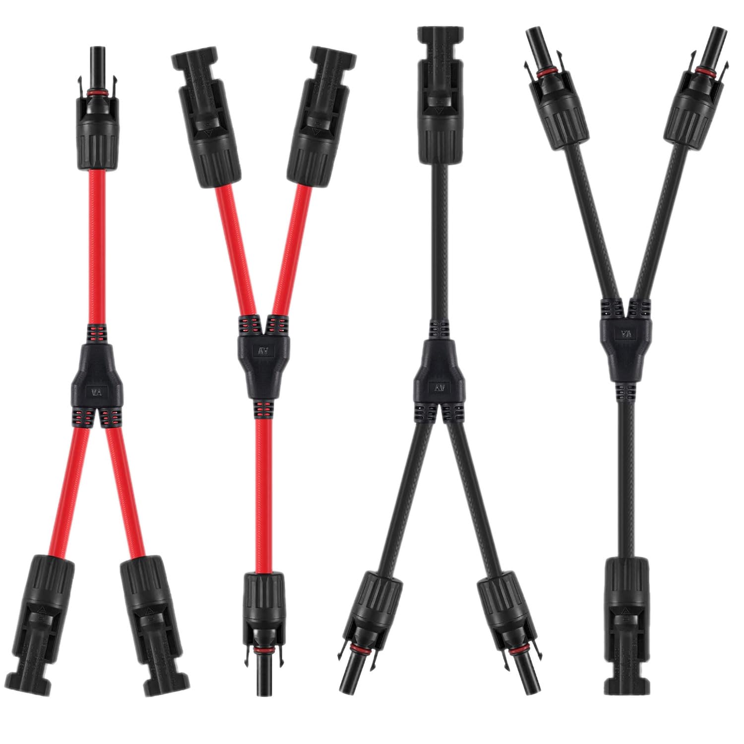 Kabel solarny rozdzielacz Y, 2 pary kabli do paneli słonecznych, wtyczka Y | Solarny kabel fotowoltaiczny, do solarnych złączy fotowoltaicznych, 2 czerwone + 2 czarne