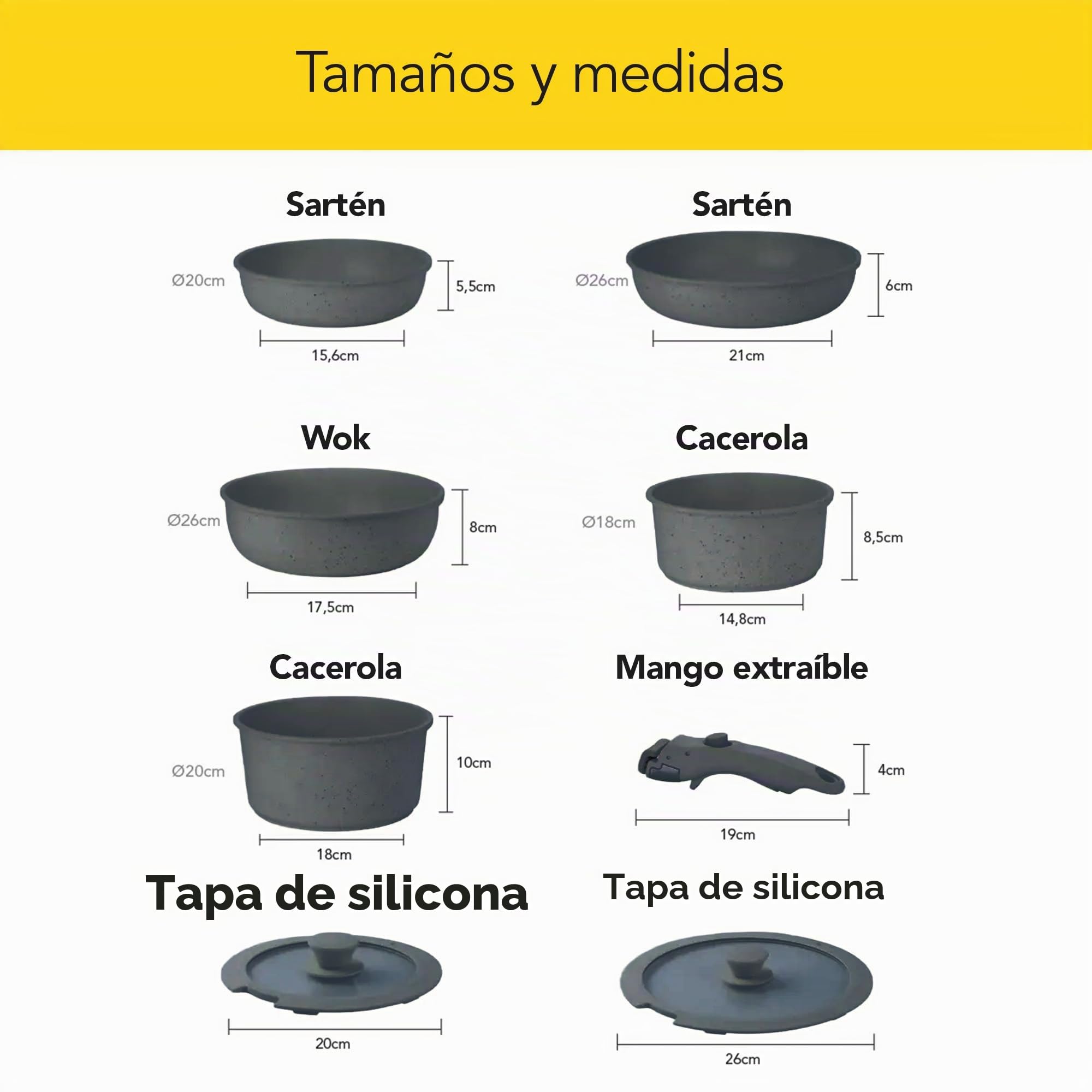 CASTEY - Batería de Cocina 8 Piezas, Modelo BAT-C8GR, Acero Inoxidable 18/10, Base de Aluminio, Recubrimiento Antiadherente Sin PFOA, Sartenes, Ollas y Cacerolas con Tapa y Mango Extraíble, Gris