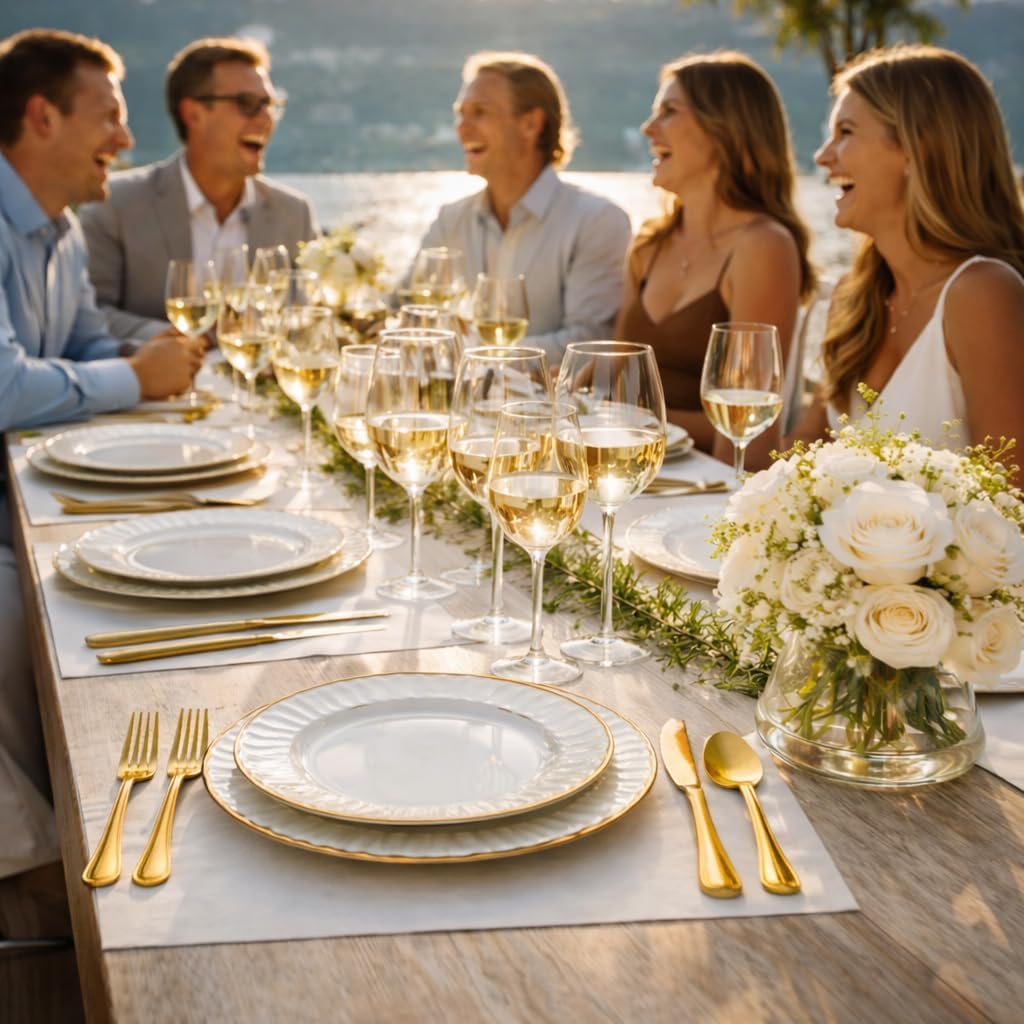 By Madee HEAVYWEIGHT 60 Pc Ivory Scalloped Easter Plastic Plates for Party with Gold Trim – 30 Dinner & 30 Dessert Plates – Elegant & Fancy for Wedding, Showers, Special Moments (30 Guests)