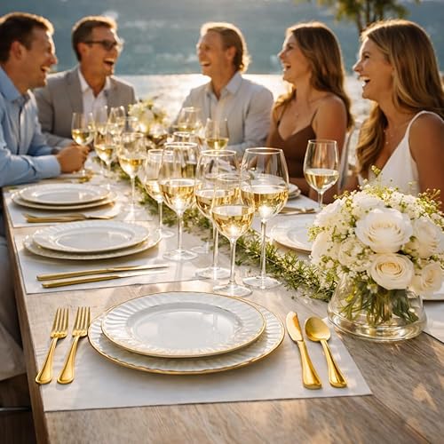 Miniatura 6 de By Madee PREMIUM 60 piezas de platos de plástico calados en marfil con borde dorado para fiestas – 30 platos de cena y 30 platos de postre – Oro de