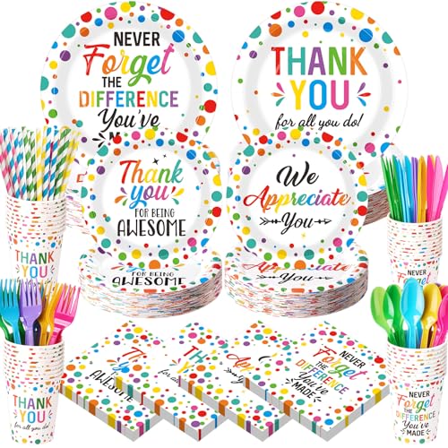 Widecook 450 Pcs Teacher Appreciation Thank You Tableware Set Decorations We Appreciate You Polka Dot Paper Plates Napkins Cups Cutlery Straws for Employee Teacher Doctor Party Supplies Serves 50