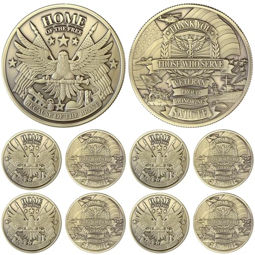 Huquary 10 Pcs Military Challenge Coins Home of The Free Because of The Brave Veteran Coins Bulk Thank You for Your Service for Veteran Day Gifts Appreciation Individual Collectible Presents