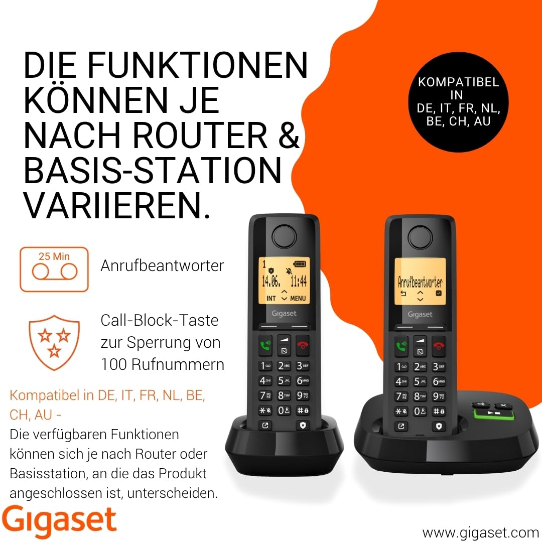 Gigaset Pure 320A Duo - Schnurloses DECT-Telefon mit Anrufbeantworter - mit Call-Block-Taste und Freisprechfunktion - 100 Kontakten, schwarz [Kompatibel in DE, IT, FR, NL, BE, Che, AUT]