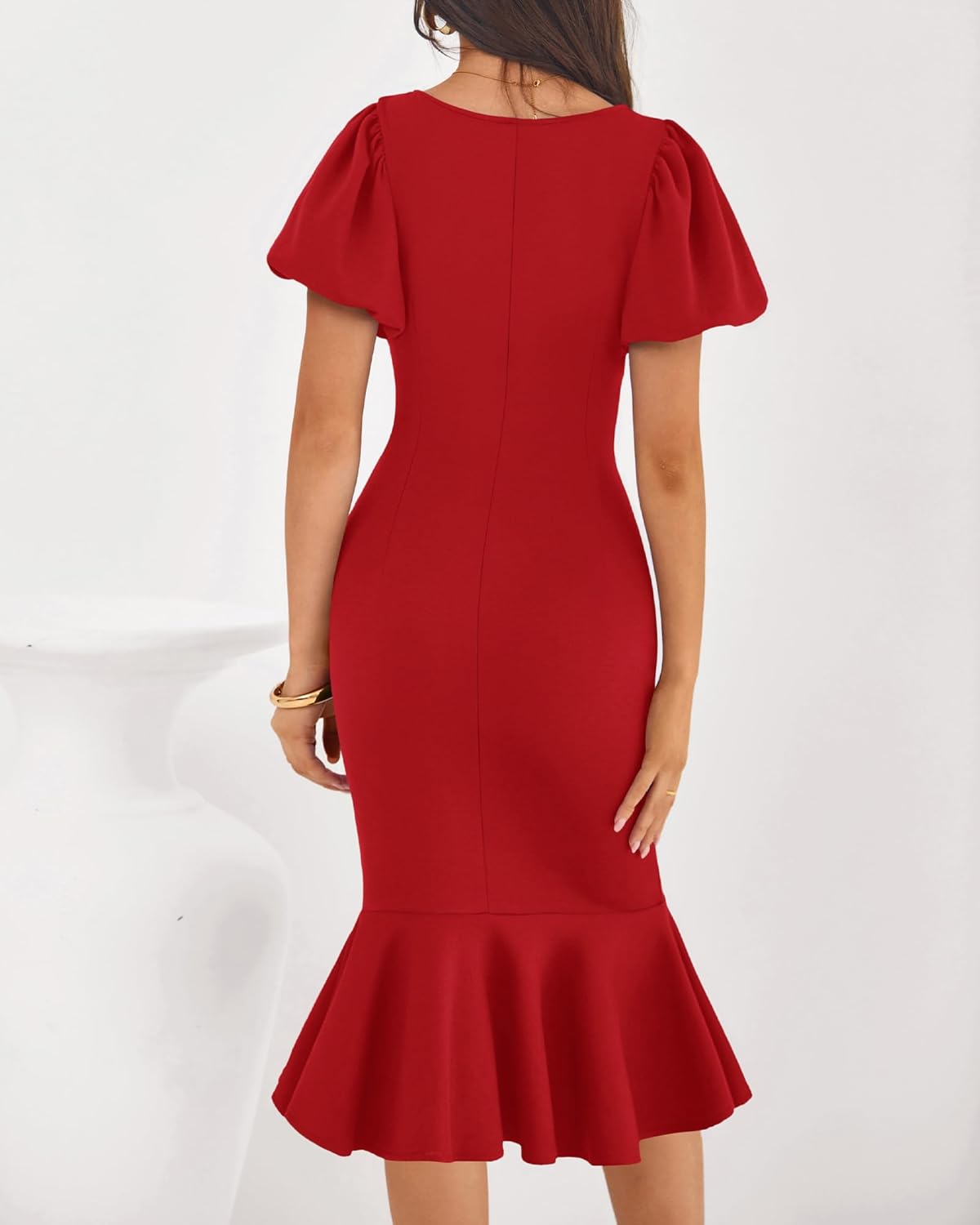 BTFBM Women Formal Wedding Guest Cocktail Dresses 2026 Short Sleeve Ruffle Mermaid Work Bodycon Elegant Midi Summer Dress - Image 3