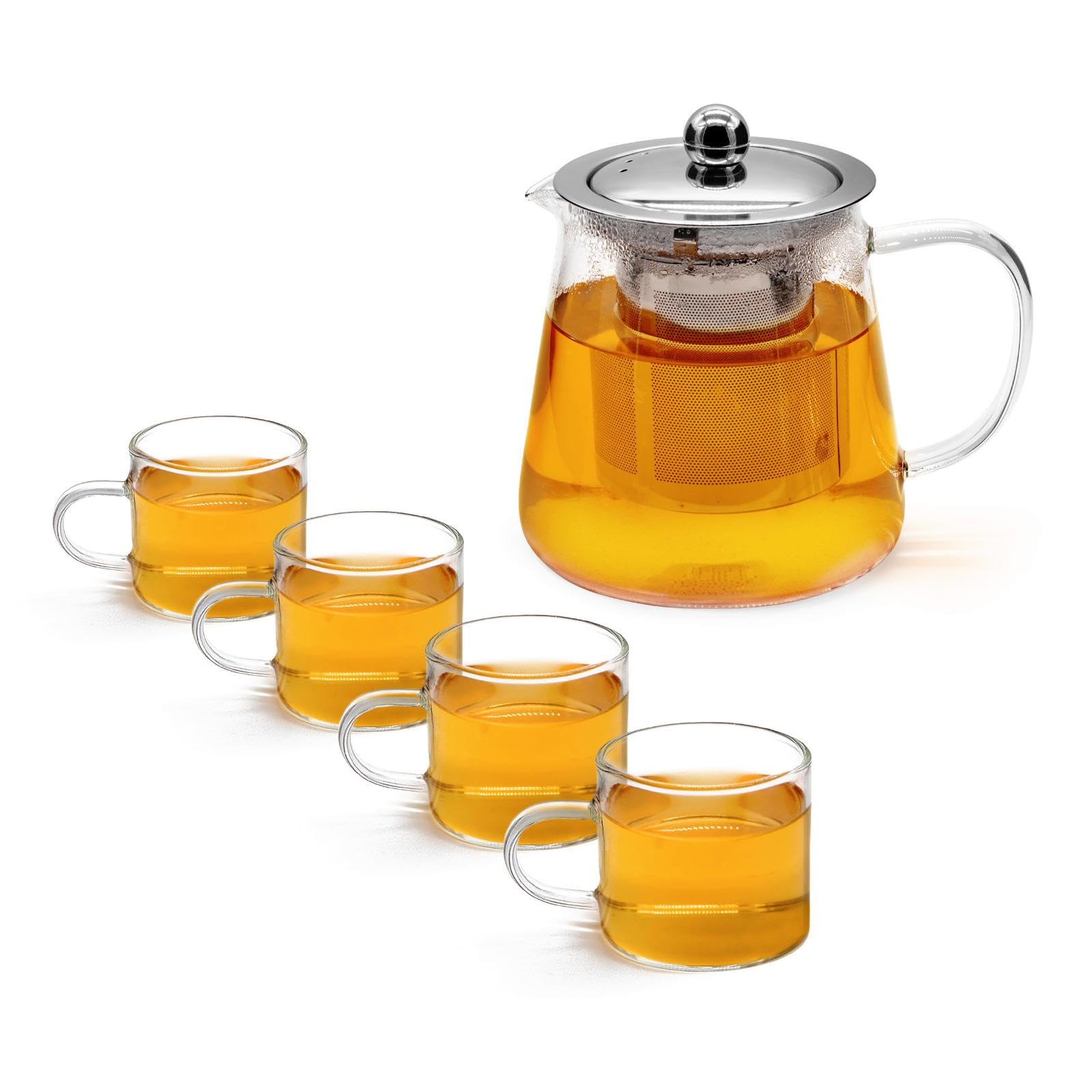 t24 Teiera in vetro con setaccio, resistente al calore, estraibile, filtro in acciaio inox (1700 ml) (600 ml + 4 x 100 ml)