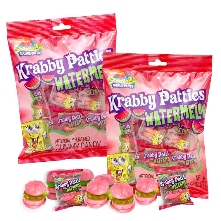 Watermelon Flavored Krabby Patty Gummy Candies, Individually Wrapped Snacks, Birthday Party Favor Treats, 2.54 Ounces (Pack of 2)
