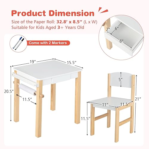 Miniatura 4 de Costzon Juego de mesa y silla para niños, escritorio de estudio para niños pequeños con rollo de papel, cajón, 2 rotuladores, juego de mesa de