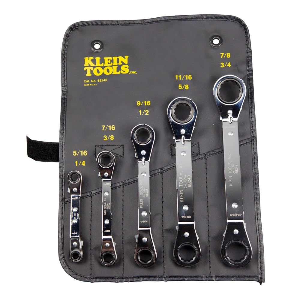 KLEIN TOOLS 68245 Reversible Ratcheting Box Wrench Set, 5-Piece, Black, Made in USA
