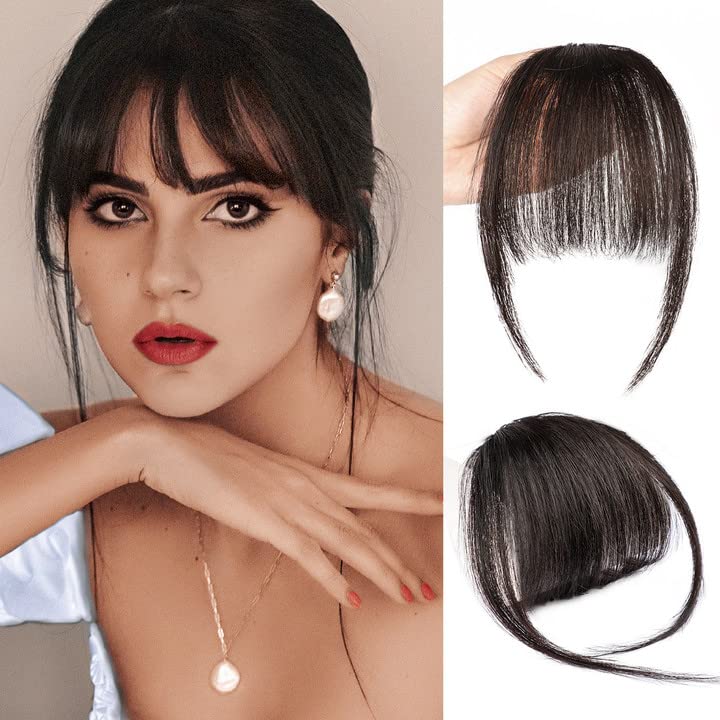 FREEMEIGEClip in Bangs for Women 100% Human Hair Clip on Bangs Wispy Bangs Fringe with Temples Hairpieces Air Bangs Hair Extensions Flat Bangs Clip Curved Bangs for Daily Wear (Brown Black)