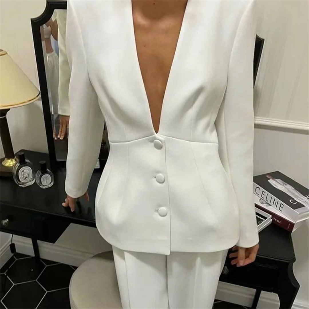 Women's Solid V-Neck Long-Sleeved Patchwork Button-Down Blazer and High-Waisted Trousers Set