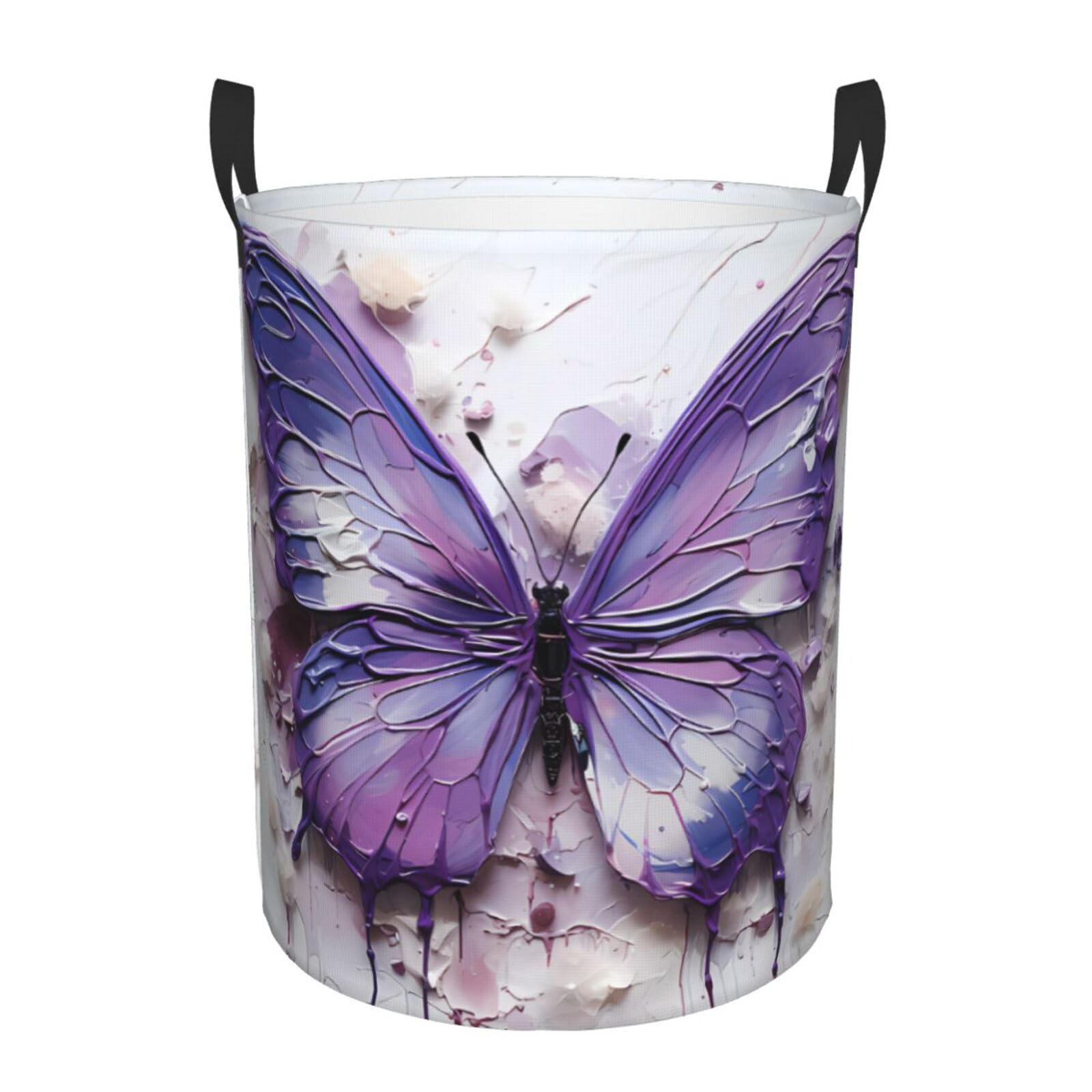 M Collapsible Purple Oil Painting Butterfly Print Circular Hamper Round