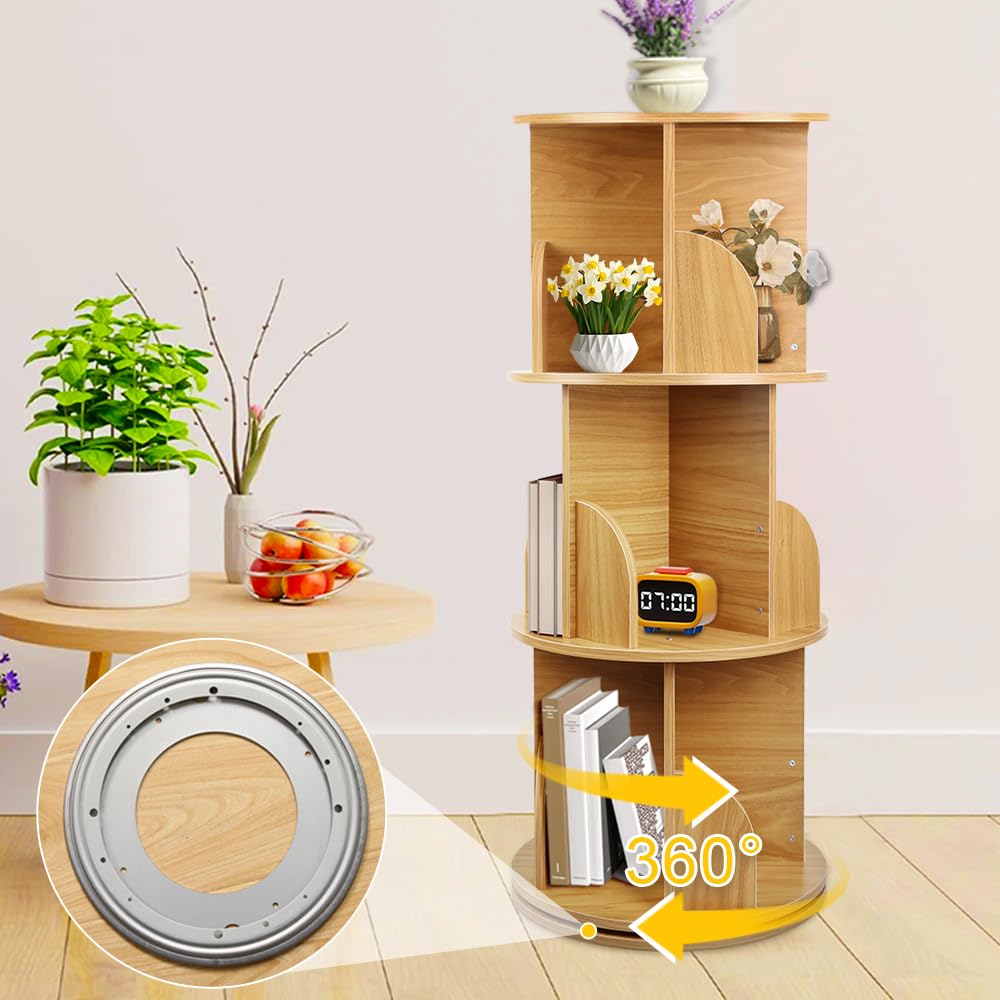 OHMG Biblioteca per bambini girevole a 360° a forma di foglia con 3/4 ripiani, ripiani per libri in legno con angoli arrotondati, libreria su base girevole per camera dei bambini e soggiorno (legno-40