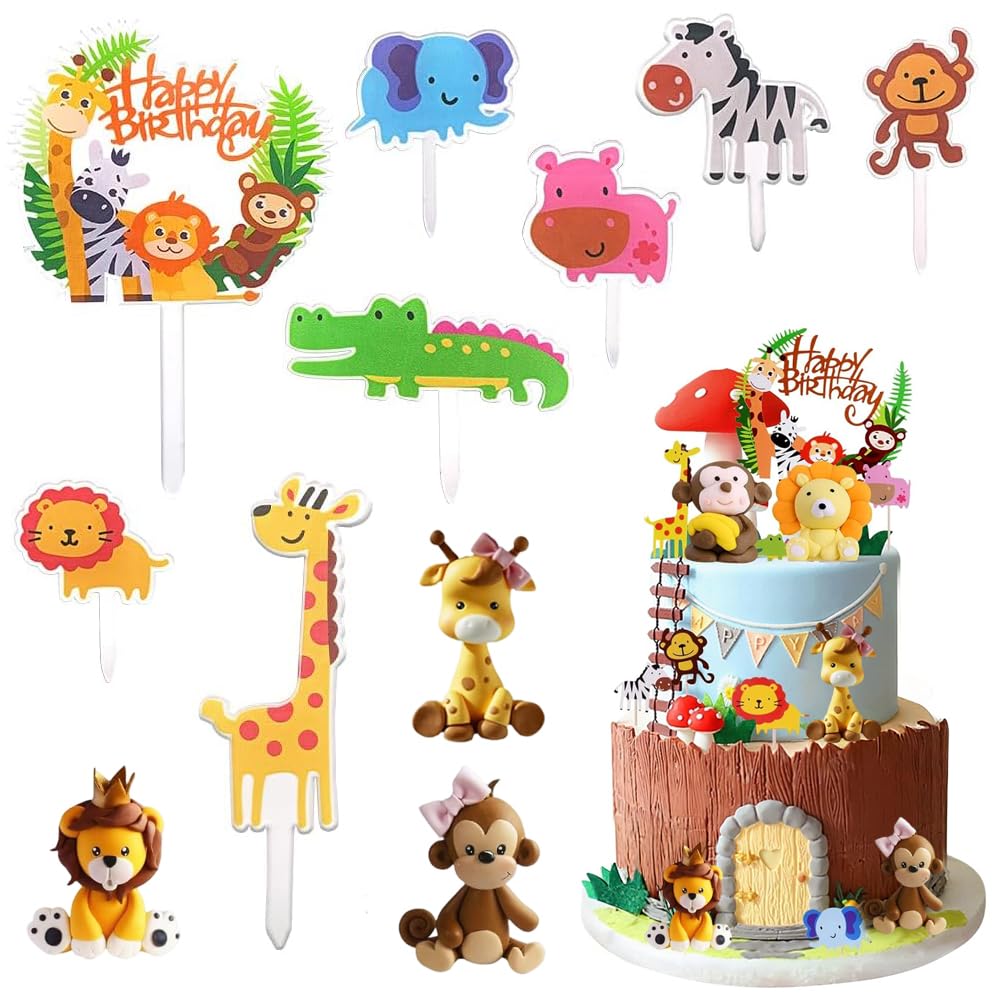 Animal Cake Decorations 11PCS 3D Cartoon Zoo Animal Cake Topper Lion Monkey Giraffe Cake Decoration Animals Cupcake Topper Picks for Zoo Animals Baby Shower Birthday Party Supplies