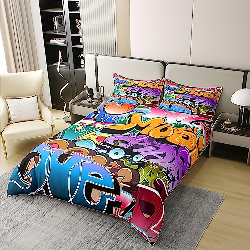 Hippie Graffiti Style 100% Cotton Duvet Cover Single Size Hip Hop Decor Bedding Cotton Duvet Cover Set for Bedroom Graffiti Graphic Street Culture Grunge Art Bedding Set - Image 3