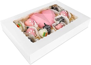 Moretoes 30pcs 16x11x2.5 Inches White Bakery Boxes Donut Boxes with Window Cookie Boxes Auto-Popup Cake Boxes for Pastries, Pies, Muffins, Chocolate Covered Strawberries